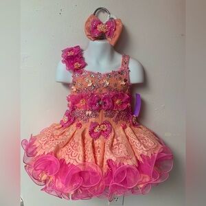 12/18 Month Coral & Peach Beaded Corset Cupcake Pageant Dress & headband/Bow NWT
